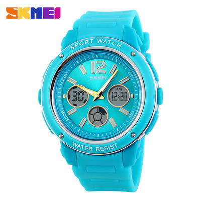 Small Blue Analog Digital Wrist Watch 5ATM Water Resistant Dual Time Zone