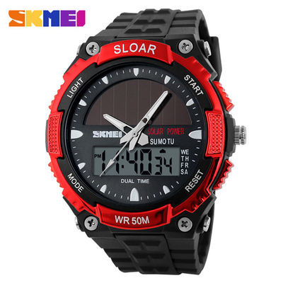 Red Mens Digital Watches Depth Waterproof 5 ATM Japan Movement Solar Power