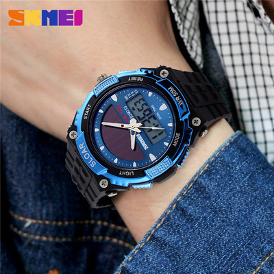 Big Size Durable Mens Digital Watches PU Strap Solar Power Sport